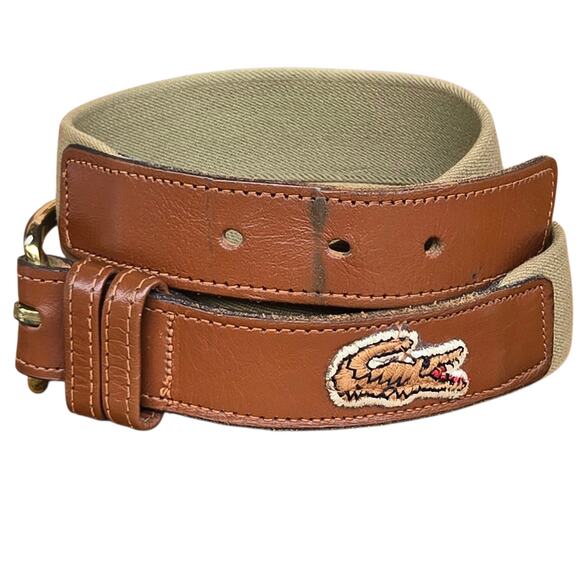 Vintage Lacoste Belt Mens 28 Crocodile Brown Leather Tan Stretch Preppy Classic - Picture 1 of 8